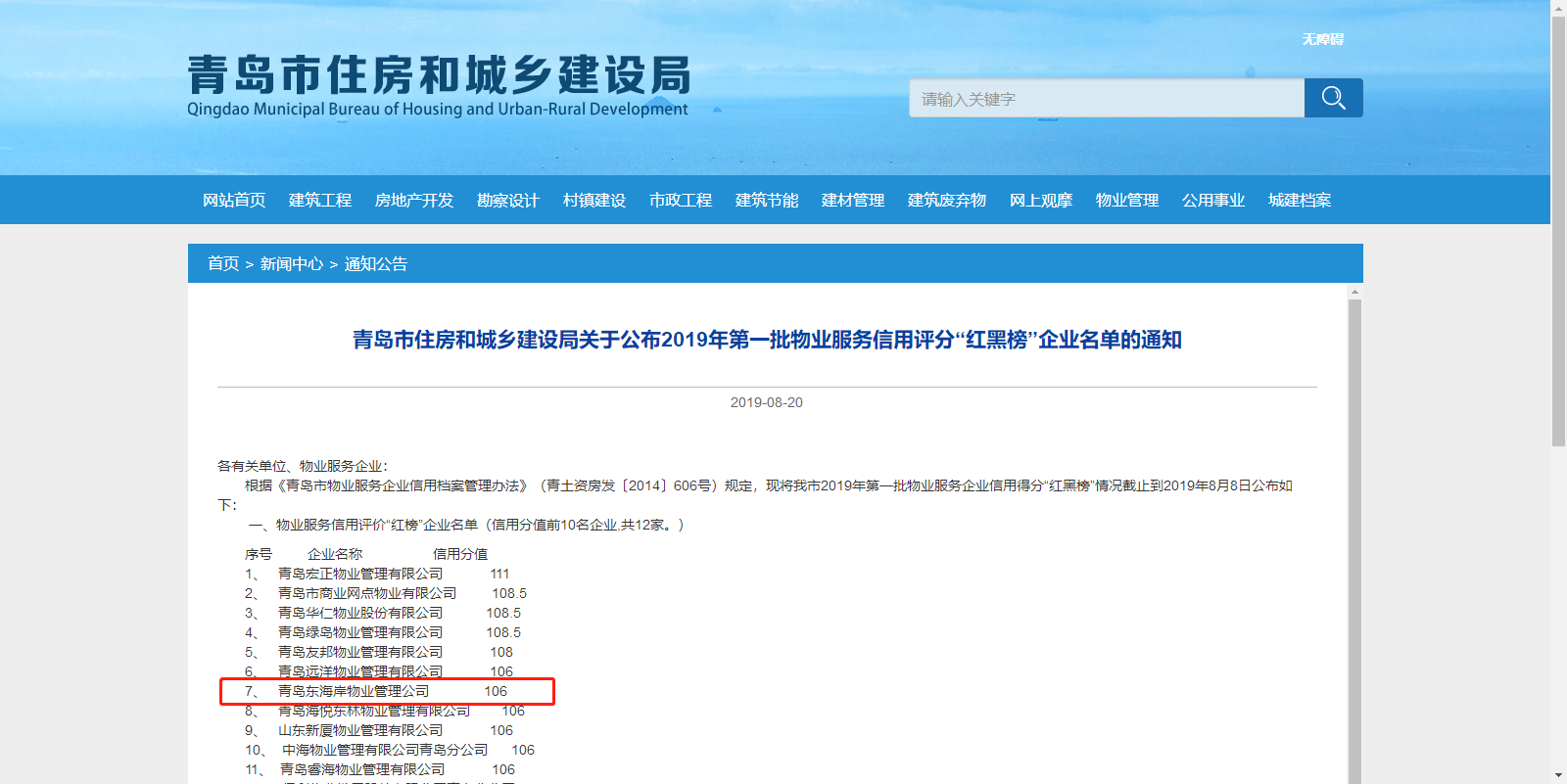 青島城發(fā)集團(tuán)所屬東海岸物業(yè)管理公司榮登青島市物業(yè)服務(wù)信用評價(jià)“紅榜”
